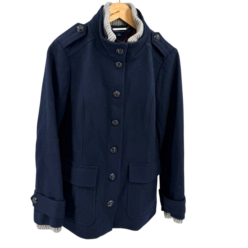 Tommy Hilfiger Navy Blue Grey Knit Trimmed Preppy Peacoat